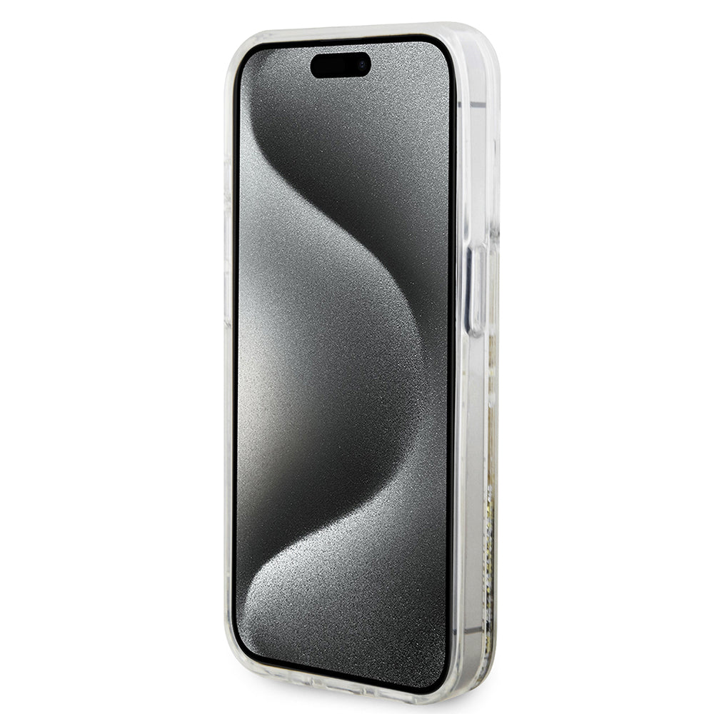 Pouzdro pro Apple iPhone 15 Pro, Guess, Liquid Glitter Gold Stripes, Transparentní