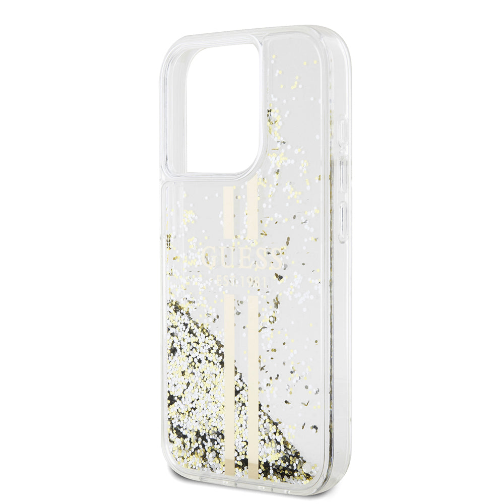 Pouzdro pro Apple iPhone 15 Pro, Guess, Liquid Glitter Gold Stripes, Transparentní