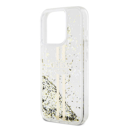 Pouzdro pro Apple iPhone 15 Pro, Guess, Liquid Glitter Gold Stripes, Transparentní