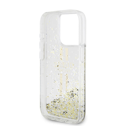 Pouzdro pro Apple iPhone 15 Pro, Guess, Liquid Glitter Gold Stripes, Transparentní