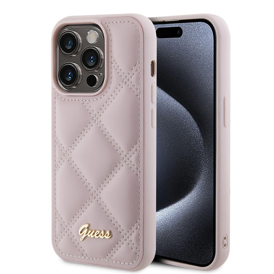 Pouzdro pro Apple iPhone 15 Pro, Guess, Quilted Metal Logo, Růžové