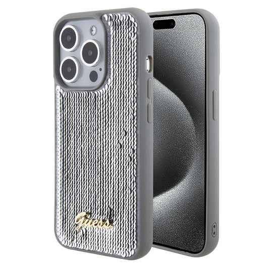Pouzdro pro Apple iPhone 15 Pro, Guess, Sequin Script Metal, Stříbrné