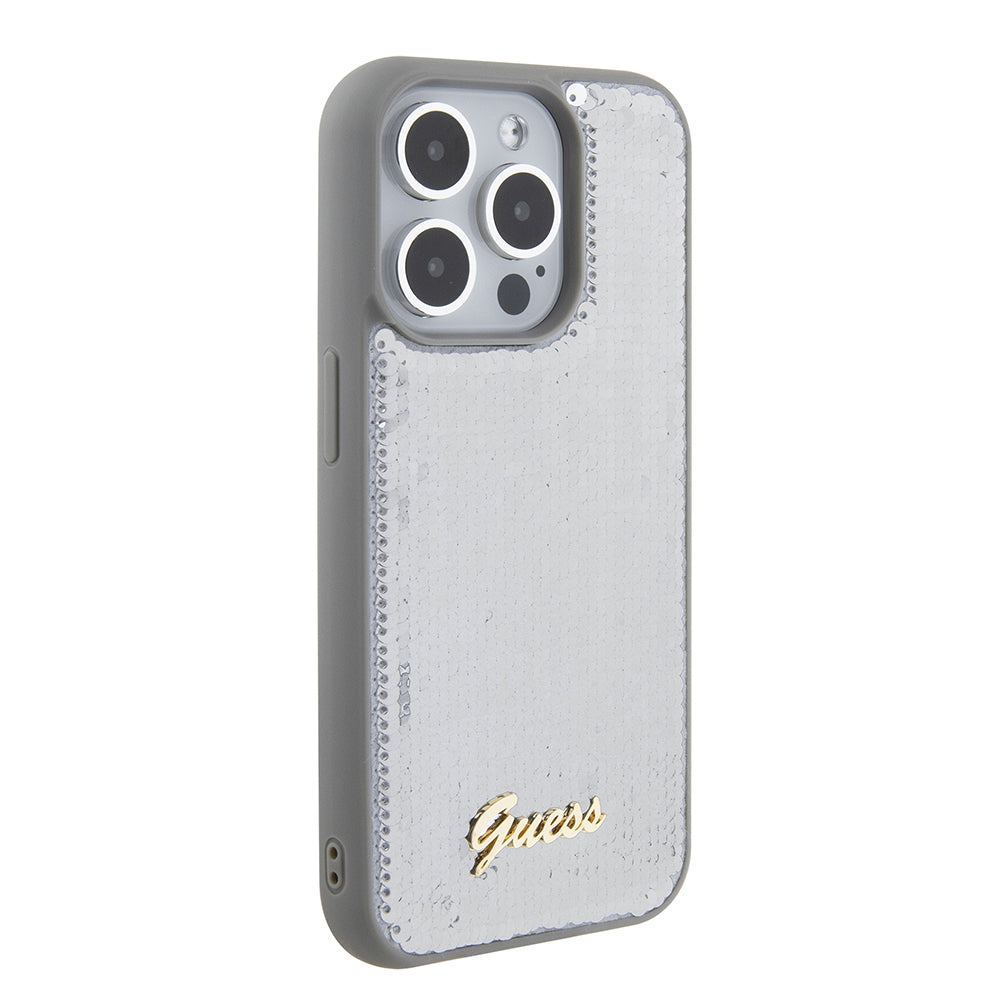 Case for Apple iPhone 15 Pro, Guess, Sequin Script Metal, Silver
