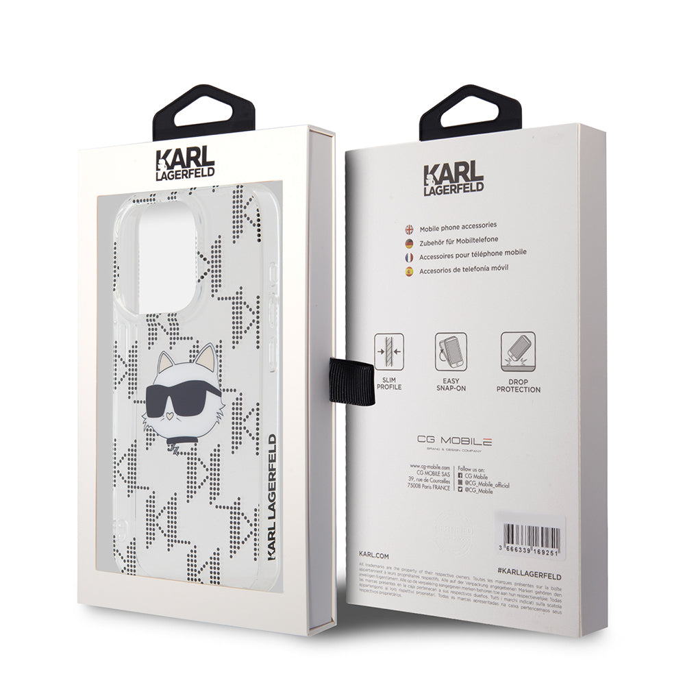 Pouzdro pro Apple iPhone 15 Pro, Karl Lagerfeld, IML Electroplated Choupette Head, Průhledné