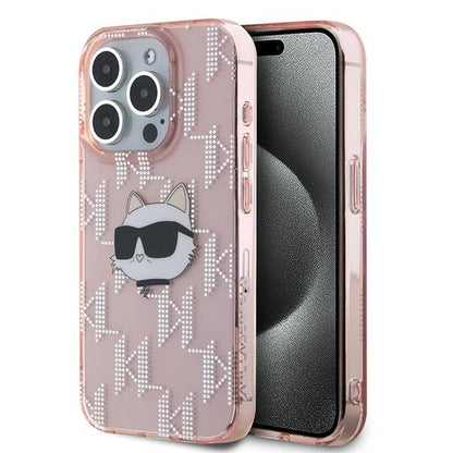 Pouzdro pro Apple iPhone 15 Pro, Karl Lagerfeld, IML Luxury Monogram Choupette's Head, Růžové