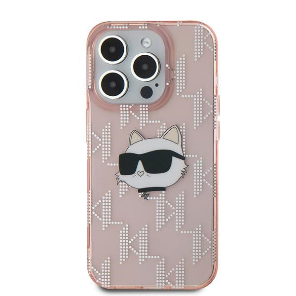 Pouzdro pro Apple iPhone 15 Pro, Karl Lagerfeld, IML Luxury Monogram Choupette's Head, Růžové