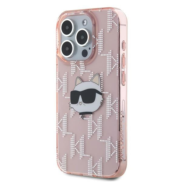 Pouzdro pro Apple iPhone 15 Pro, Karl Lagerfeld, IML Luxury Monogram Choupette's Head, Růžové