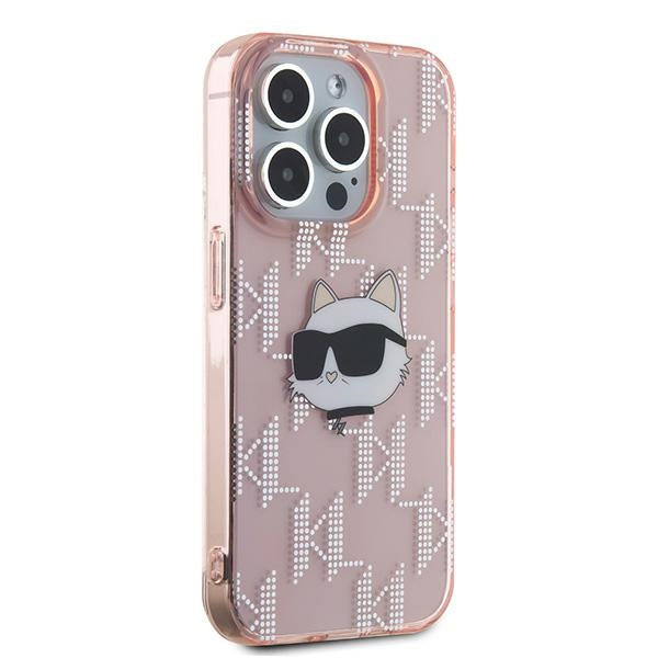 Pouzdro pro Apple iPhone 15 Pro, Karl Lagerfeld, IML Luxury Monogram Choupette's Head, Růžové