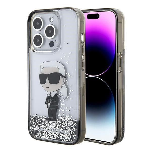 Pouzdro pro Apple iPhone 15 Pro, Karl Lagerfeld, Liquid Glitter Ikonik Karl, Transparentní