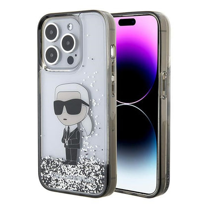 Pouzdro pro Apple iPhone 15 Pro, Karl Lagerfeld, Liquid Glitter Ikonik Karl, Transparentní
