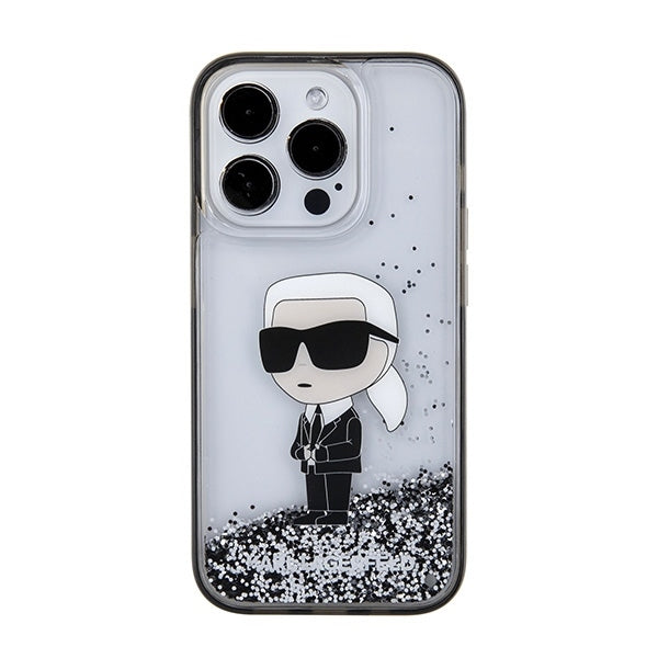 Pouzdro pro Apple iPhone 15 Pro, Karl Lagerfeld, Liquid Glitter Ikonik Karl, Transparentní
