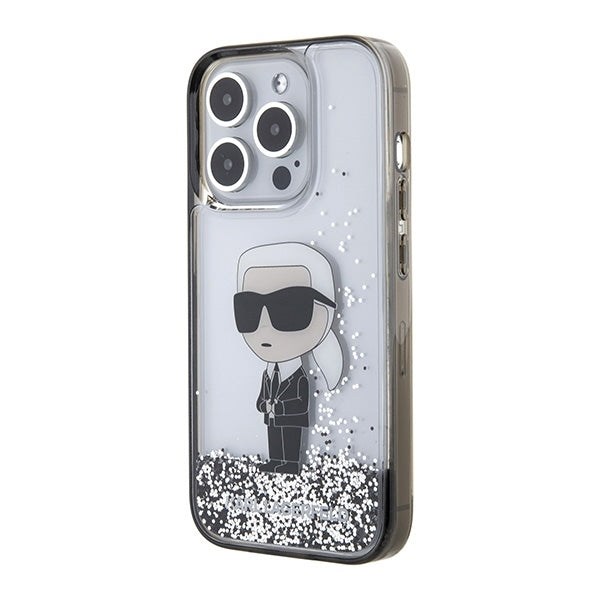 Pouzdro pro Apple iPhone 15 Pro, Karl Lagerfeld, Liquid Glitter Ikonik Karl, Transparentní