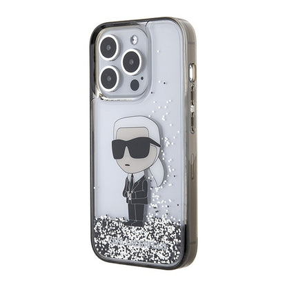 Pouzdro pro Apple iPhone 15 Pro, Karl Lagerfeld, Liquid Glitter Ikonik Karl, Transparentní