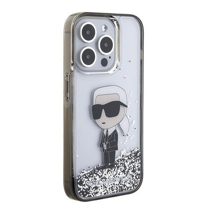 Pouzdro pro Apple iPhone 15 Pro, Karl Lagerfeld, Liquid Glitter Ikonik Karl, Transparentní