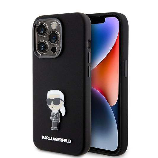 Pouzdro pro Apple iPhone 15 Pro, Karl Lagerfeld, Silicone Metal Ikonik, Černá