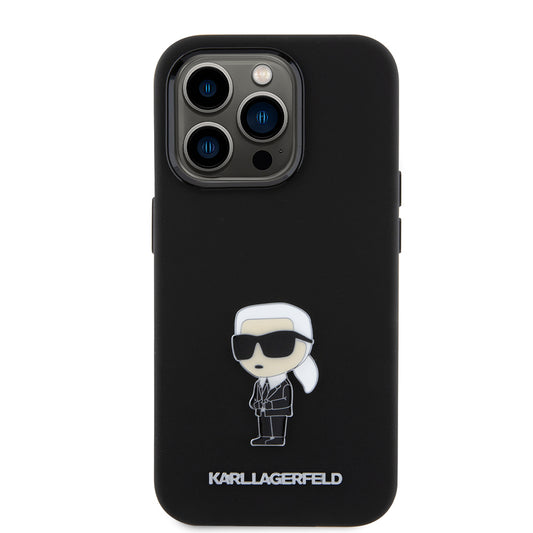 Pouzdro pro Apple iPhone 15 Pro, Karl Lagerfeld, Silicone Metal Ikonik, Černá