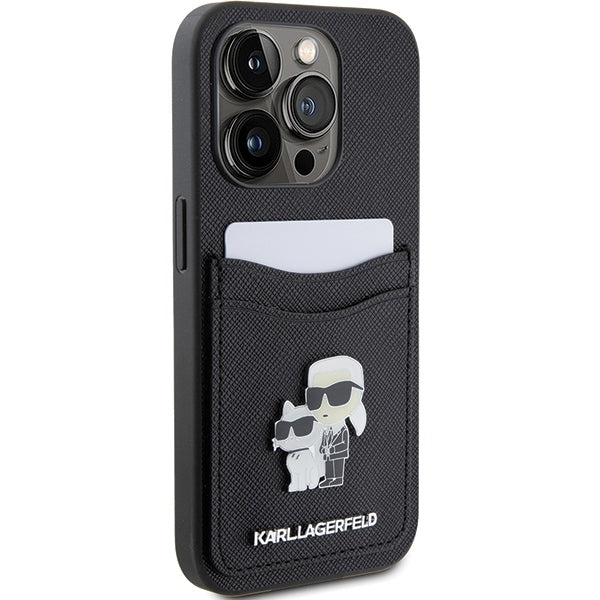 Case for Apple iPhone 15 Pro, Karl Lagerfeld, Saffiano Card Slot Metal Karl & Choupette, Black