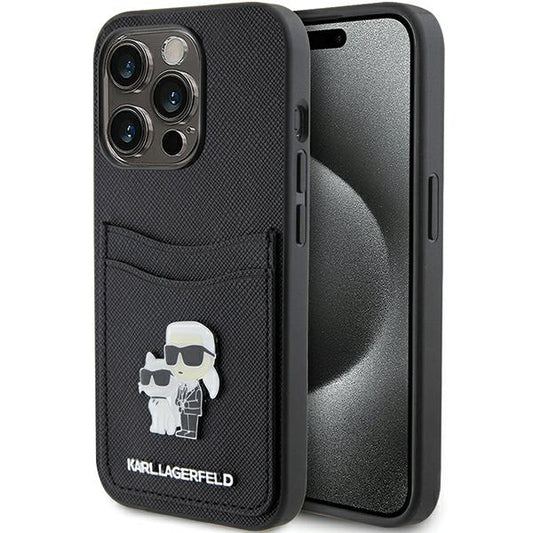 Pouzdro pro Apple iPhone 15 Pro, Karl Lagerfeld, Saffiano Card Slot Metal Karl & Choupette, Černá