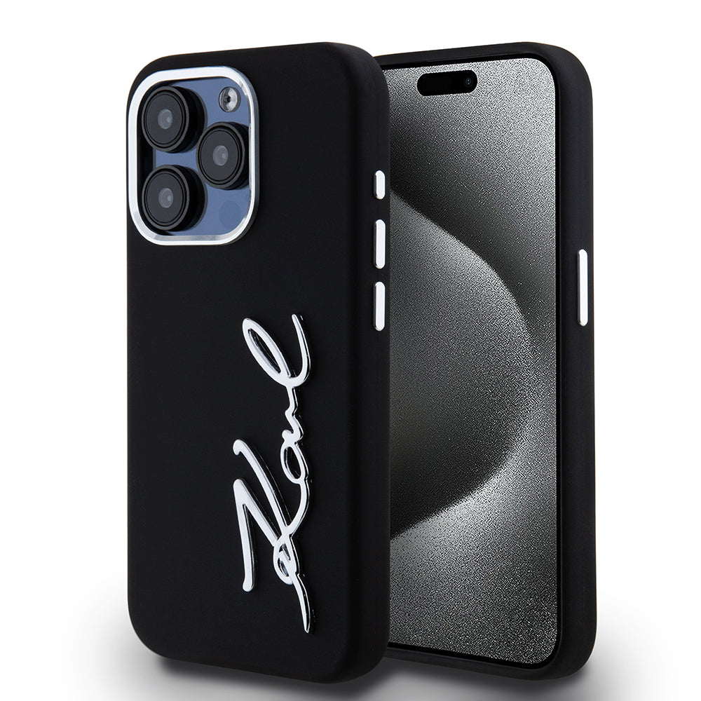 Case for Apple iPhone 15 Pro, Karl Lagerfeld, Silicone Metal Script Logo, Black