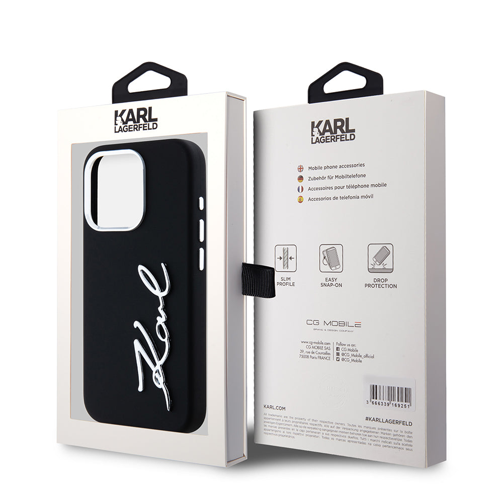 Case for Apple iPhone 15 Pro, Karl Lagerfeld, Silicone Metal Script Logo, Black