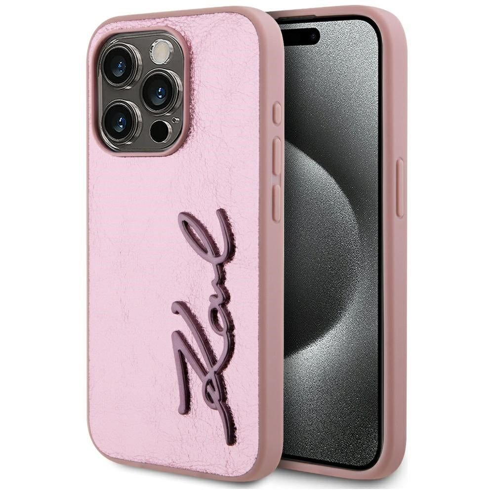 Pouzdro pro Apple iPhone 15 Pro, Karl Lagerfeld, Metal Signature, Růžové