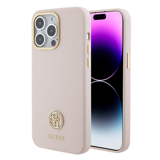 Pouzdro pro Apple iPhone 15 Pro Max, Guess, 4G Strass Metal Logo, Růžové