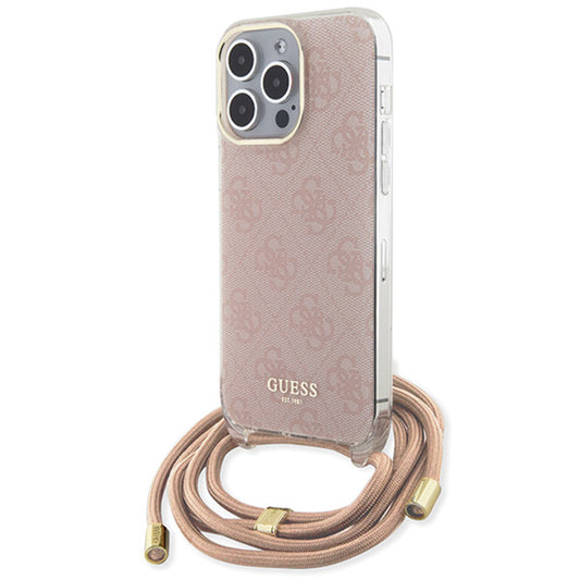 Pouzdro pro Apple iPhone 15 Pro Max, Guess, Crossbody Cord 4G Print, Růžové