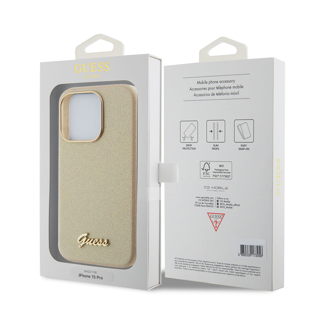 Pouzdro pro Apple iPhone 15 Pro Max, Guess, Glitter Glossy Script, Bežová