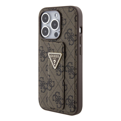 Pouzdro pro Apple iPhone 15 Pro Max, Guess, Grip Stand 4G Triangle Strass, hnědá