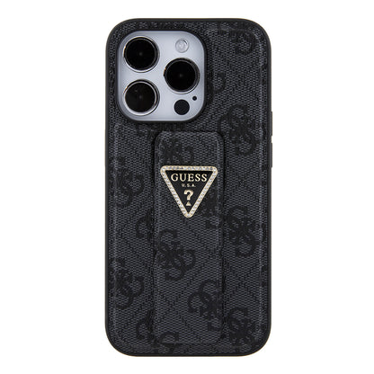 Pouzdro pro Apple iPhone 15 Pro Max, Guess, Grip Stand 4G Triangle Strass, Černá