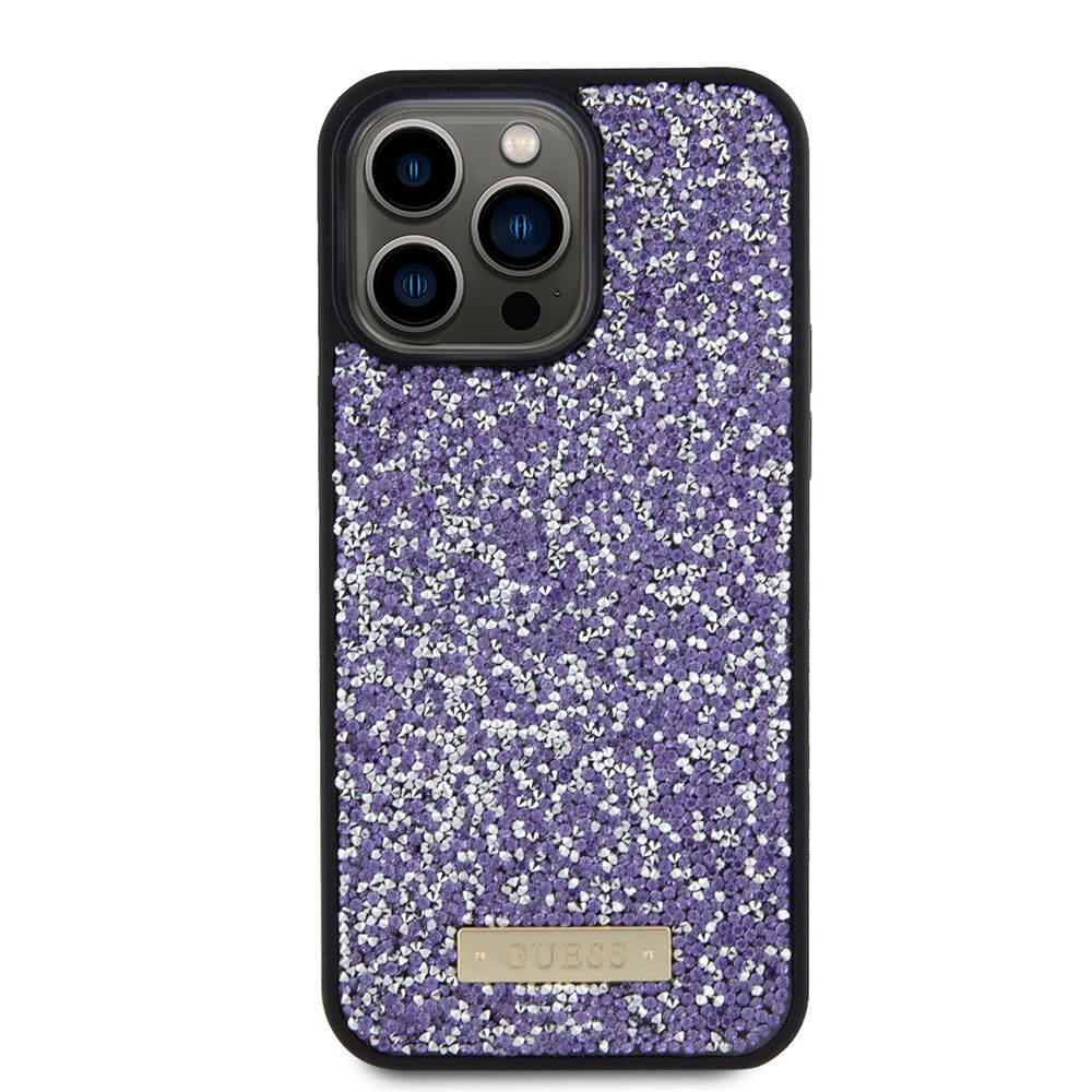 Pouzdro pro Apple iPhone 15 Pro, Guess, Rhinestone Metal Logo, Fialová