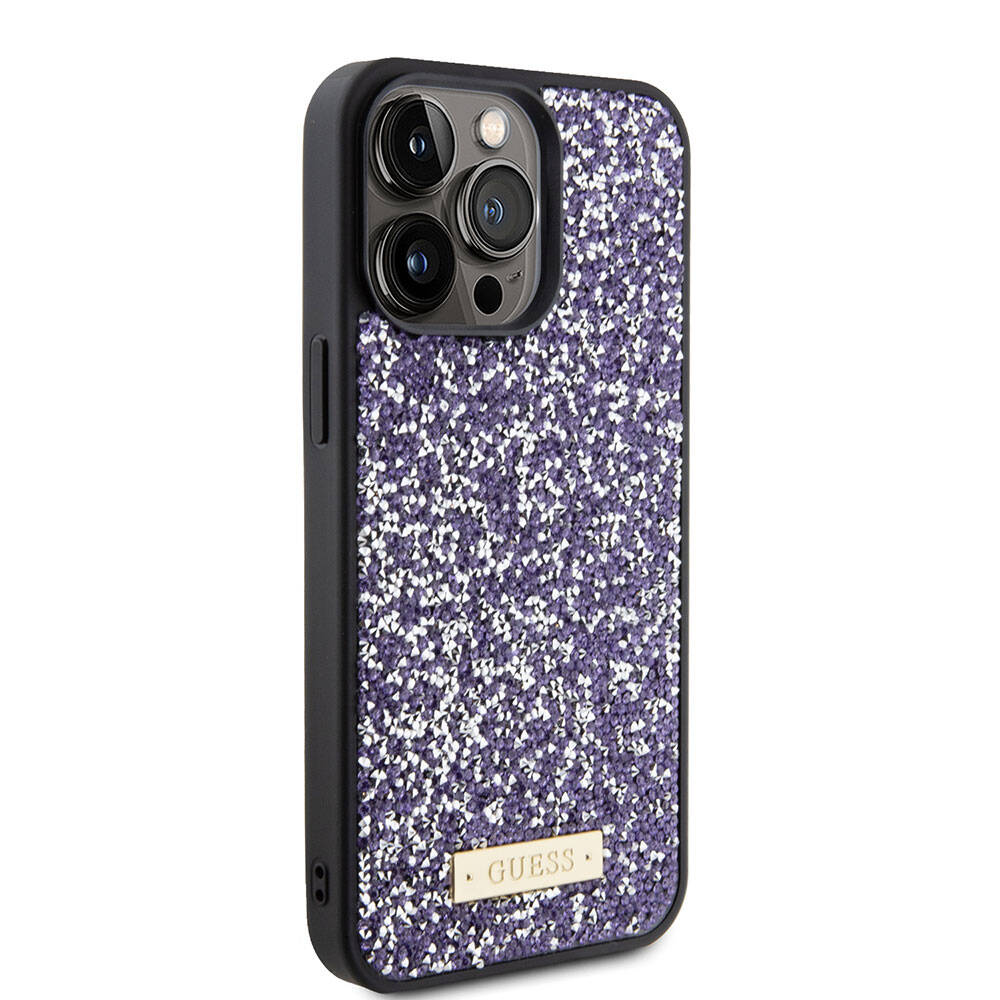 Pouzdro pro Apple iPhone 15 Pro, Guess, Rhinestone Metal Logo, Fialová