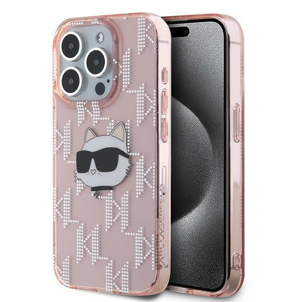 Pouzdro pro Apple iPhone 15 Pro Max, Karl Lagerfeld, IML Luxury Monogram Choupette's Head, Růžové