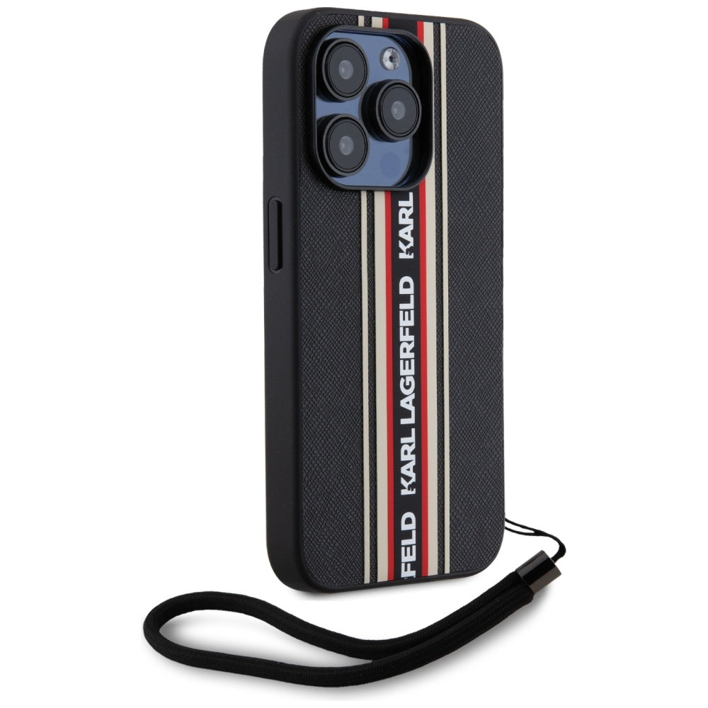 Pouzdro pro Apple iPhone 15 Pro Max, Karl Lagerfeld, Saffiano Athleisure Stripes with Strap, Rosie