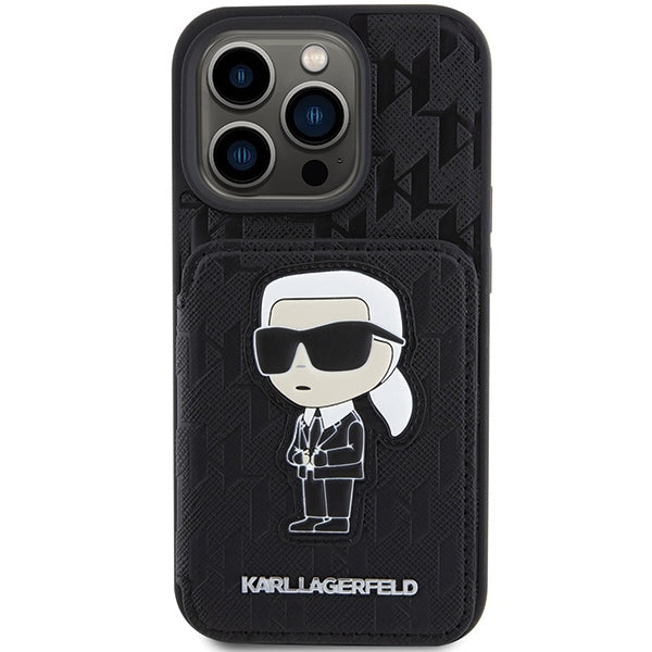 Pouzdro pro Apple iPhone 15 Pro Max, Karl Lagerfeld, Saffiano Cardslots and Stand Monogram Ikonik Karl, Černá