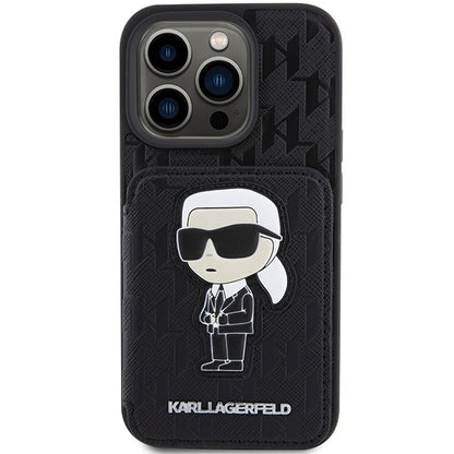 Pouzdro pro Apple iPhone 15 Pro Max, Karl Lagerfeld, Saffiano Cardslots and Stand Monogram Ikonik Karl, Černá