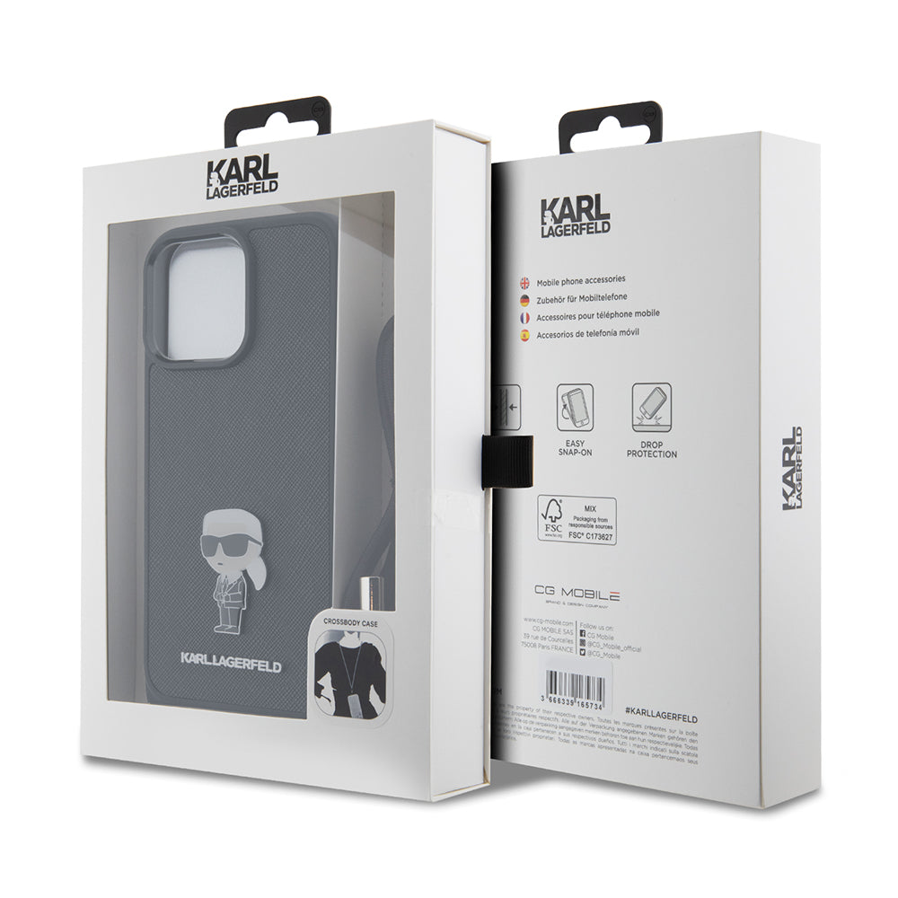 Pouzdro pro Apple iPhone 15 Pro Max, Karl Lagerfeld, Saffiano Crossbody Monogram Metal Pin Karl, Černá