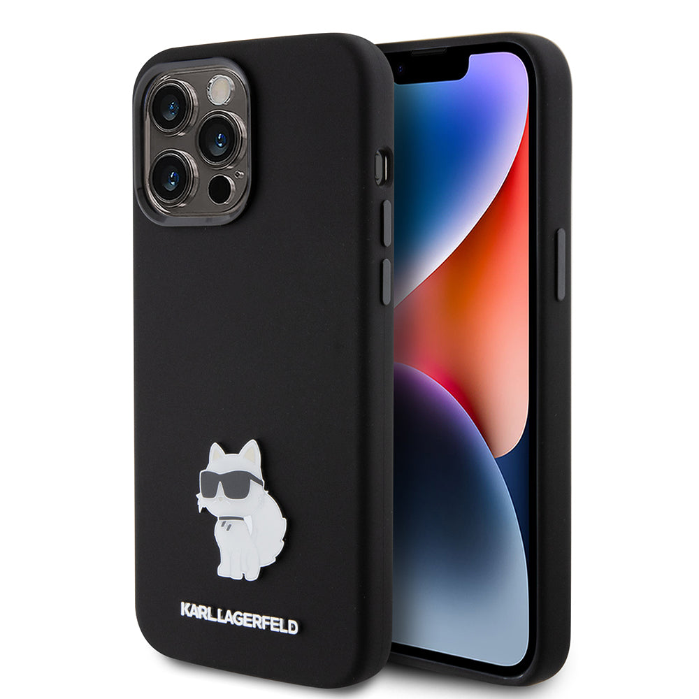 Pouzdro pro Apple iPhone 15 Pro Max, Karl Lagerfeld, Silicone Choupette Metal, Černá