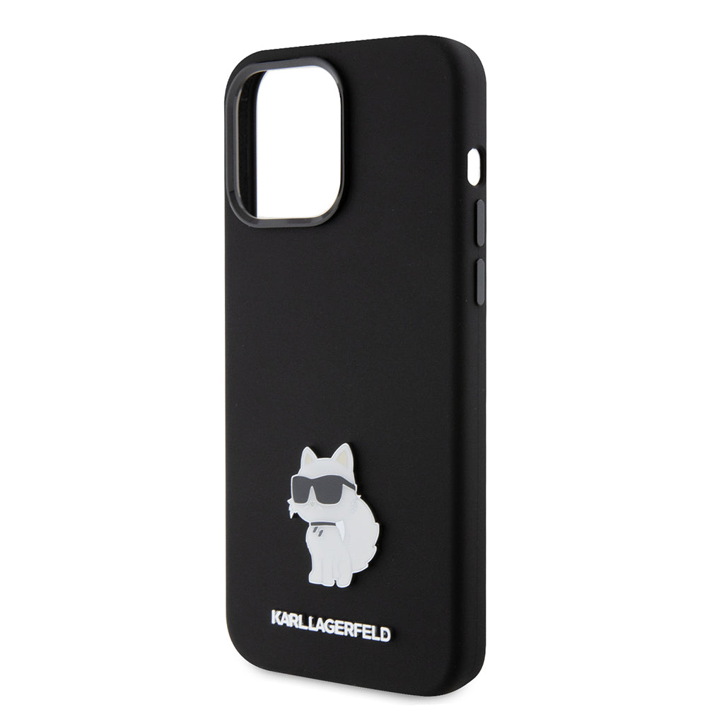Pouzdro pro Apple iPhone 15 Pro Max, Karl Lagerfeld, Silicone Choupette Metal, Černá