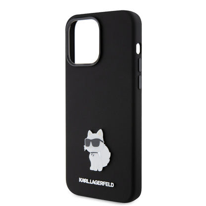 Pouzdro pro Apple iPhone 15 Pro Max, Karl Lagerfeld, Silicone Choupette Metal, Černá