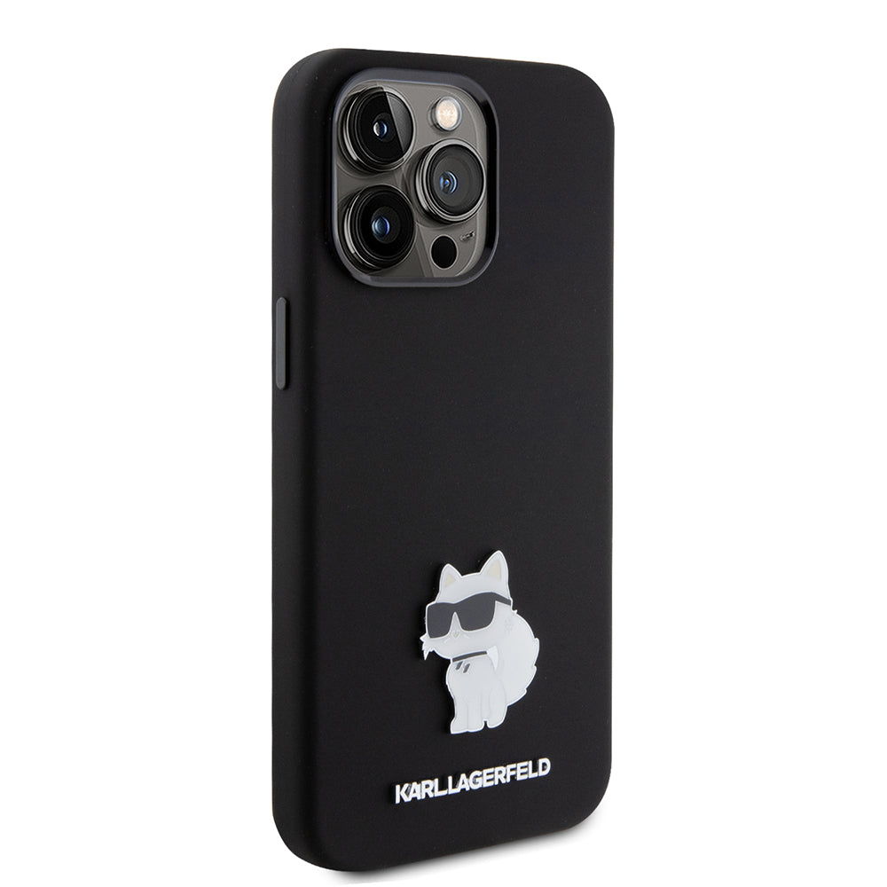 Pouzdro pro Apple iPhone 15 Pro Max, Karl Lagerfeld, Silicone Choupette Metal, Černá