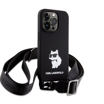 Case for Apple iPhone 15 Pro Max, Karl Lagerfeld, Silicone Crossbody Ikonik Karl, Black