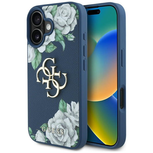 Case for Apple iPhone 16, Guess, 4G Grained Roses Big Logo, Blue