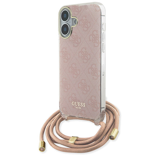 Pouzdro pro Apple iPhone 16, Guess, Crossbody Cord 4G Print, Růžové