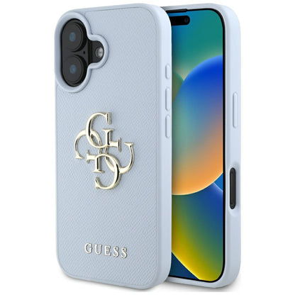 Pouzdro pro Apple iPhone 16, Guess, Grained Big 4G Logo Small Classic Logo, Modrá