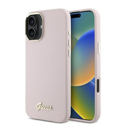 Pouzdro pro Apple iPhone 16, Guess, Script Metal Logo & Frame, Růžové