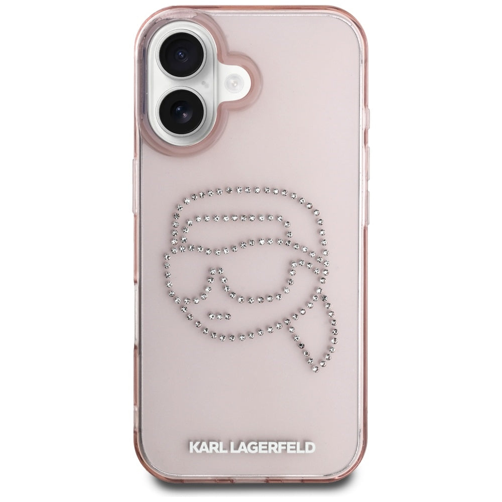 Pouzdro pro Apple iPhone 16, Karl Lagerfeld, IML Rhinestones Karl's Head, Růžové