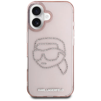 Pouzdro pro Apple iPhone 16, Karl Lagerfeld, IML Rhinestones Karl's Head, Růžové