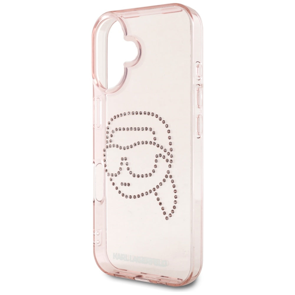 Pouzdro pro Apple iPhone 16, Karl Lagerfeld, IML Rhinestones Karl's Head, Růžové