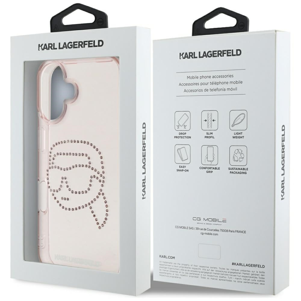 Pouzdro pro Apple iPhone 16, Karl Lagerfeld, IML Rhinestones Karl's Head, Růžové